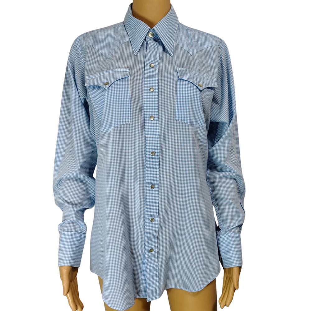 70s Blue Micro Check Rockmount Ranch Wear Custom Fitted Western Shirt Size Small